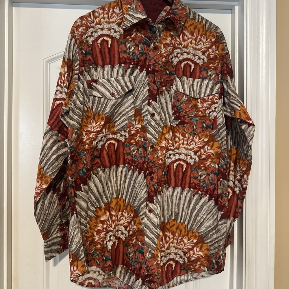 Vintage ROPER Button Shirt Mens L USA Tribal Feather Indian Chief Headdress